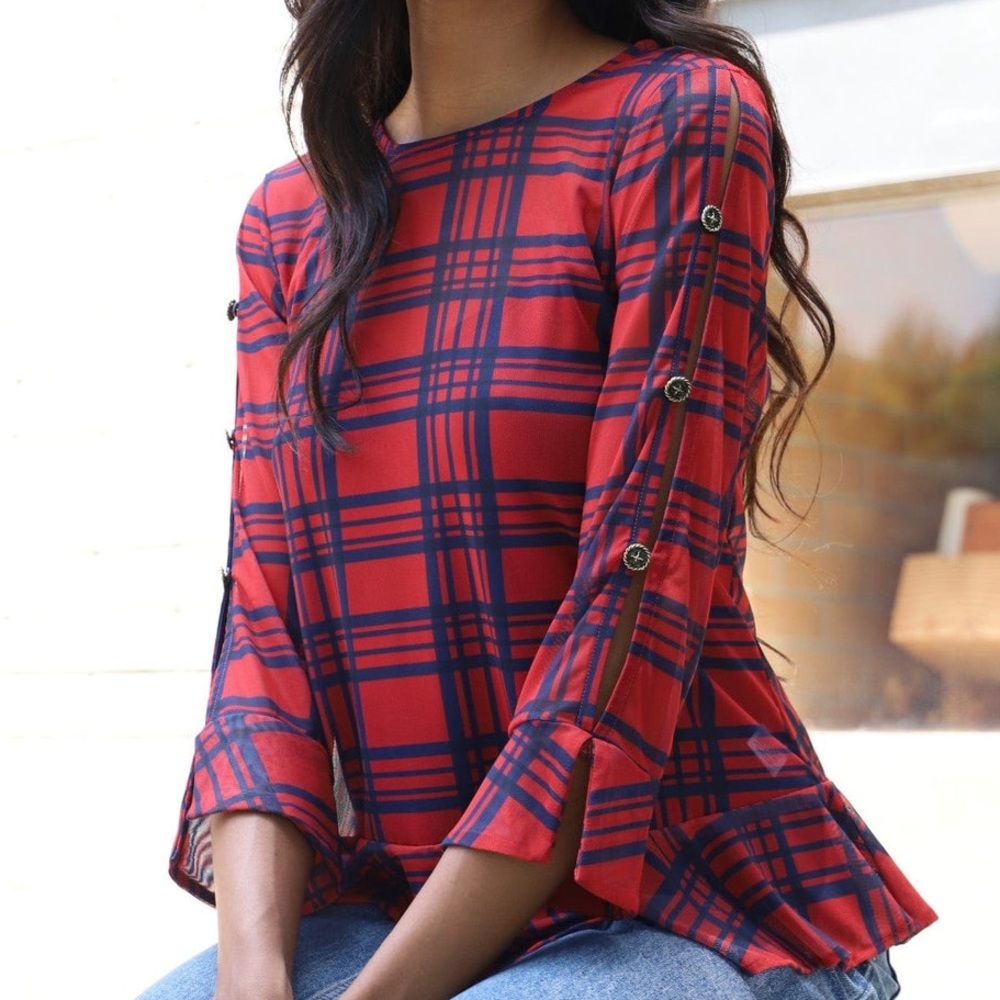 Eva Franco Anthropologie Black Pink Plaid Mesh Cut Out Sleeve Belinda Top Shirt - Picture 7 of 12